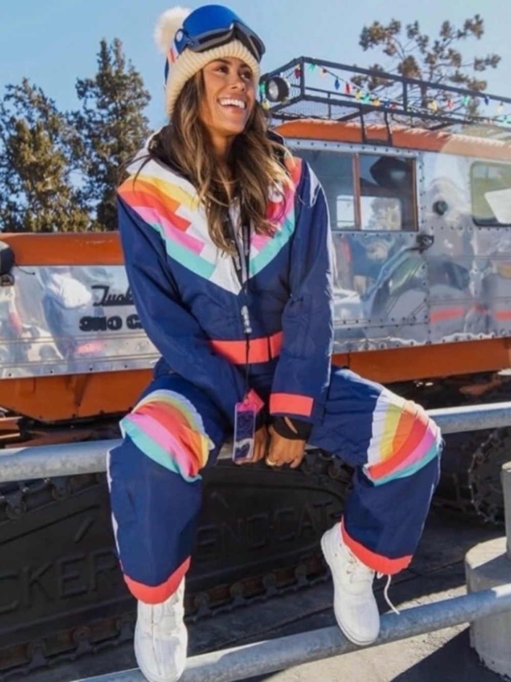 Tipsy Elves Women’s Navy Bluebird Rainbow Chevron Ski One-Piece Jumpsuit NWT
